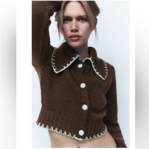 zara contrast top stitching sweater cardigan collar pastel lolita kawaii kidcore - Picture 5 of 5